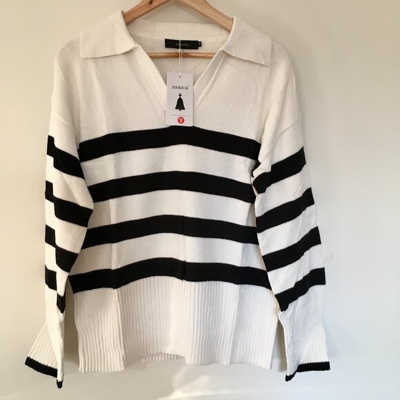 ZESICA Women's Winter Sweaters Lapel V Neck Long Sleeve White /black Striped M - Picture 1 of 6